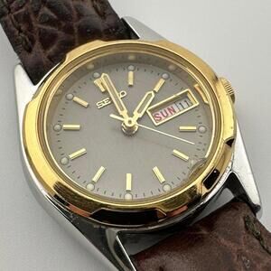 Vintage Seiko Women’s Quartz Watch Grey Dial Gold Case Day Date